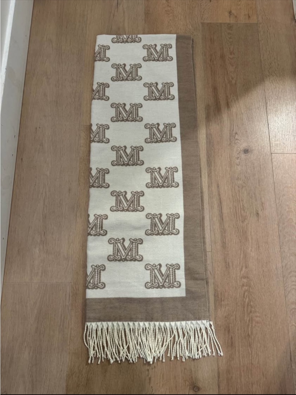 Monogram Fringe Wool Scarf - Cream & Tan